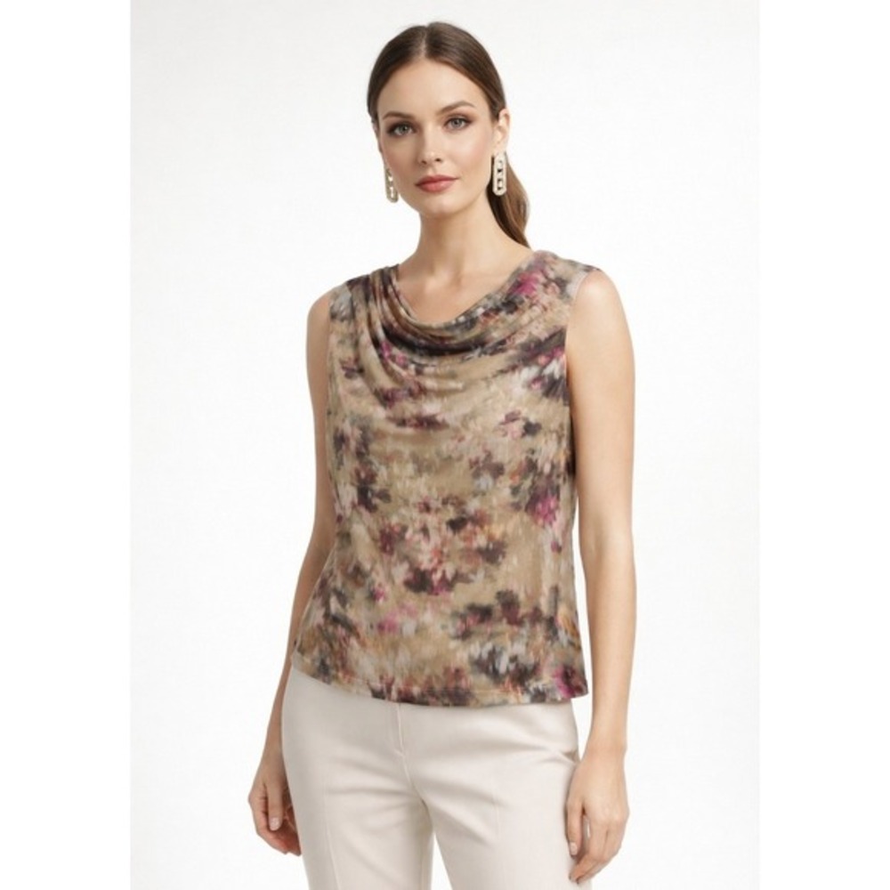 Nine Britton Women Tan Pink Abstract Floral Cowl Neck Mesh‎ Blouse Large NWT